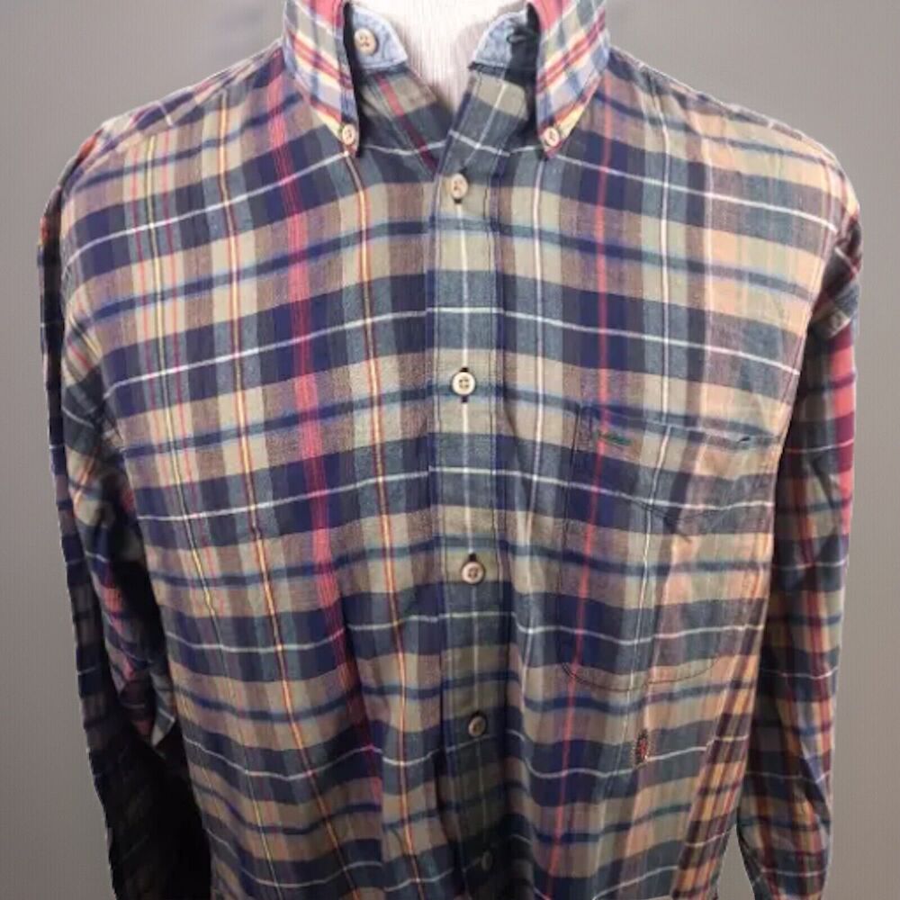 TOMMY HILFIGER Shirt Mens Large Plaid Blue Green Red Long Sleeve Box Logo